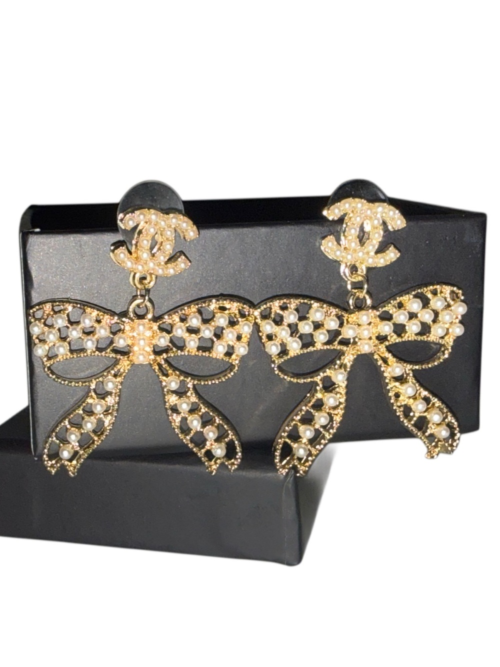 Gold Pearl Bow Statement Earrings Rhinestone Crystal Dangle